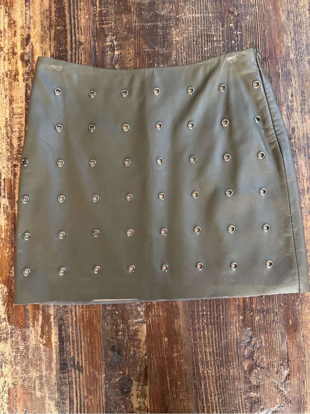 Olive Green Leather Eyelet Mini Skirt
